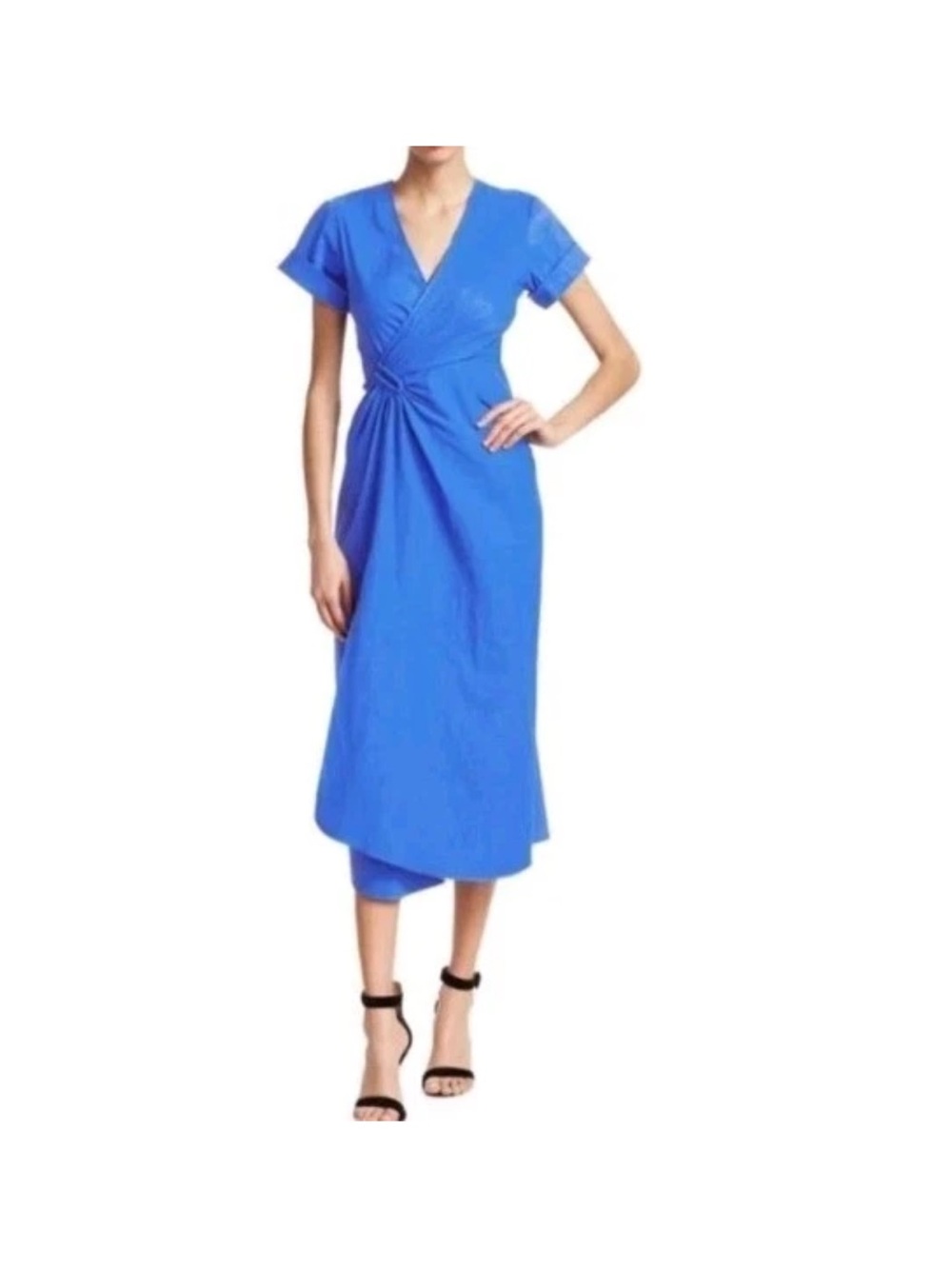 A.L.C. Blue Edie Faux Wrap Linen Blend Short Sleeve U-Buckle Detail Dress 6